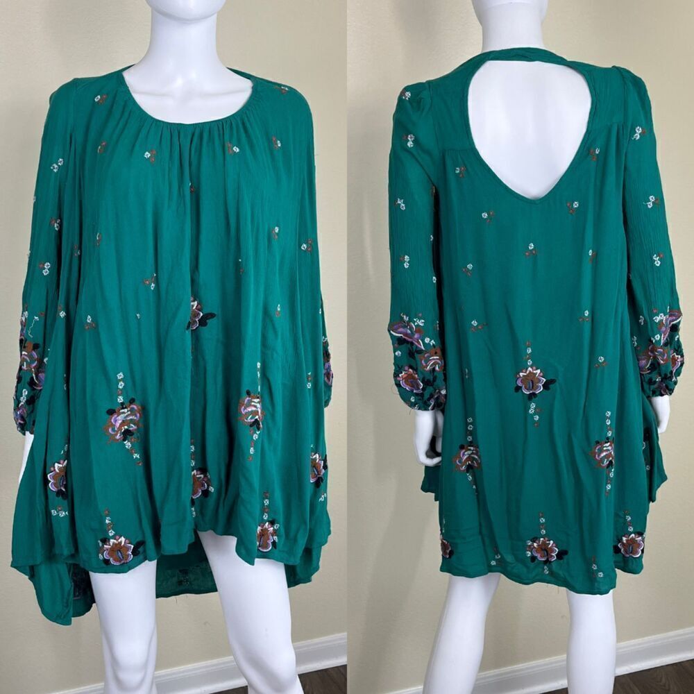 Free People Women's Size S Green Oxford Floral Embroidered Swing Mini Dress Boho